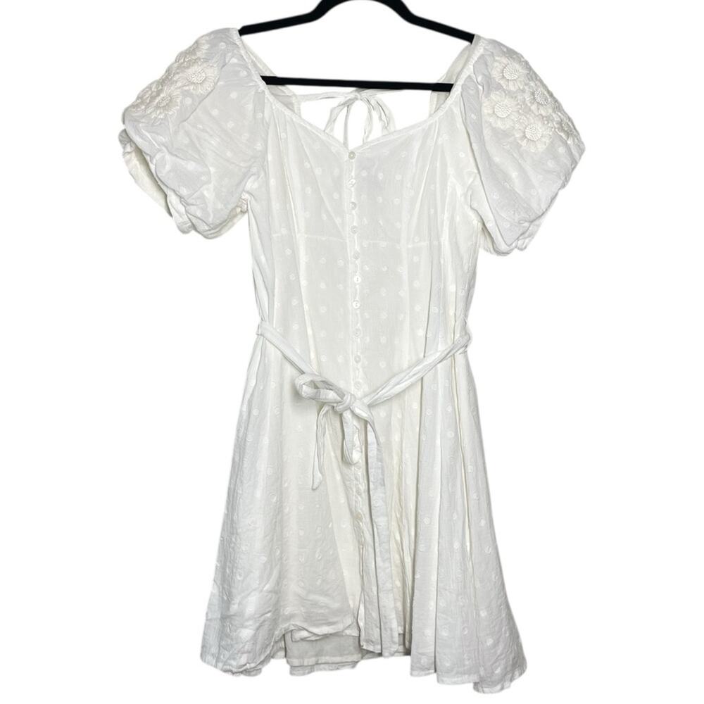 Innika Choo White Embroidered Floral Puff Sleeve Full Button Madonna Mini Dress